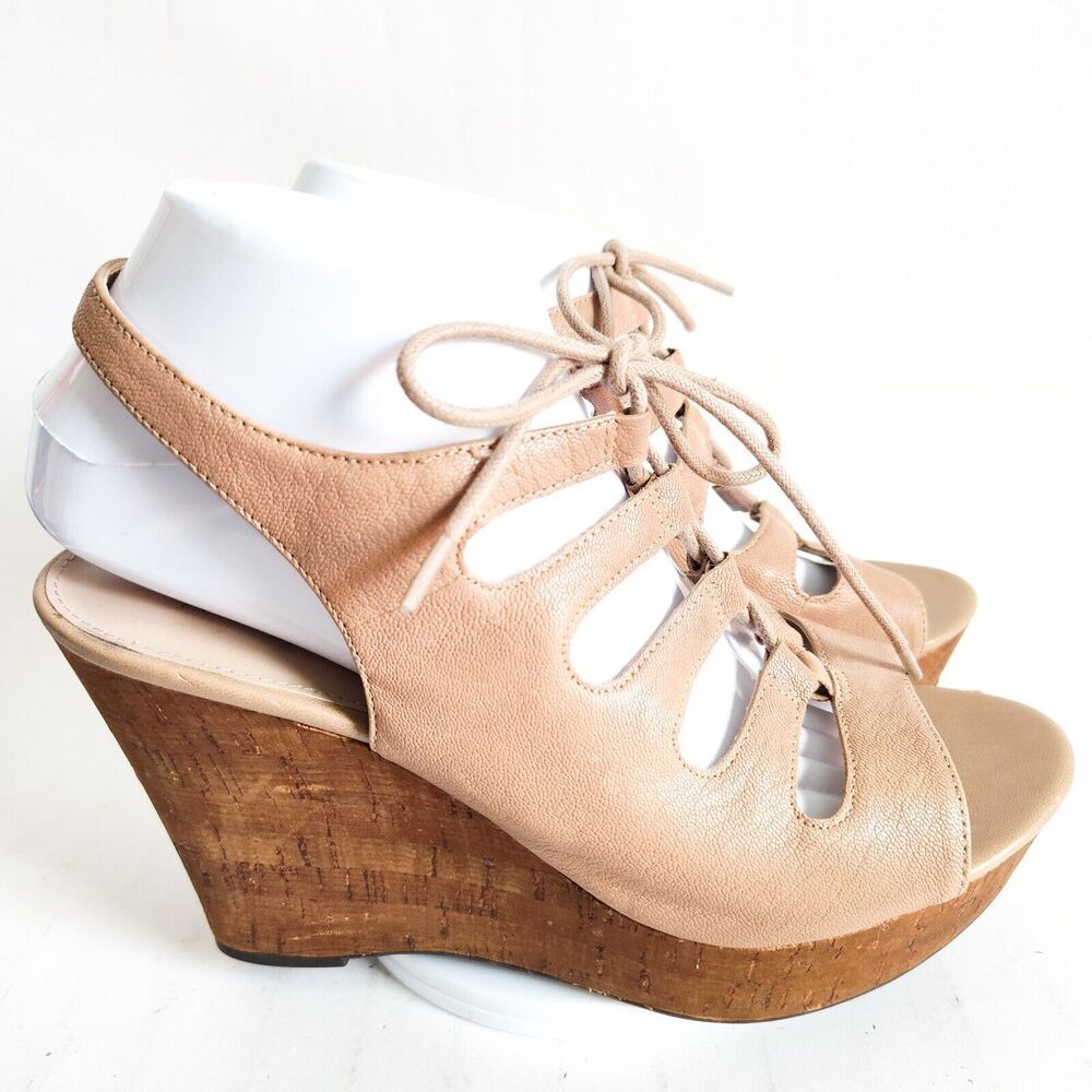 Franco Sarto Sunitha Lace Up‎ Nude Leather Cork Wedge Heel Sandal Biege Size 9